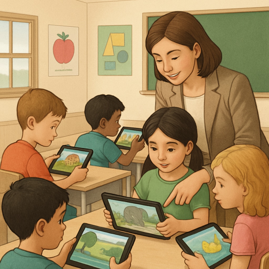A teacher guiding a group of young children as they explore digital storybooks on Android tablets in a classroom setting. A classroom scene where children use an Android app to read interactive stories, highlighting educational integration.