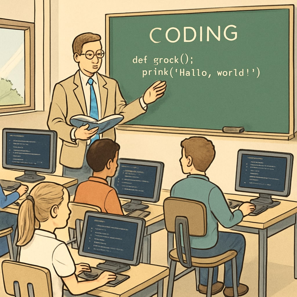 A classroom with students learning coding on computers, blending academics and technology. Students coding in a classroom, demonstrating the integration of traditional academics and technical education.