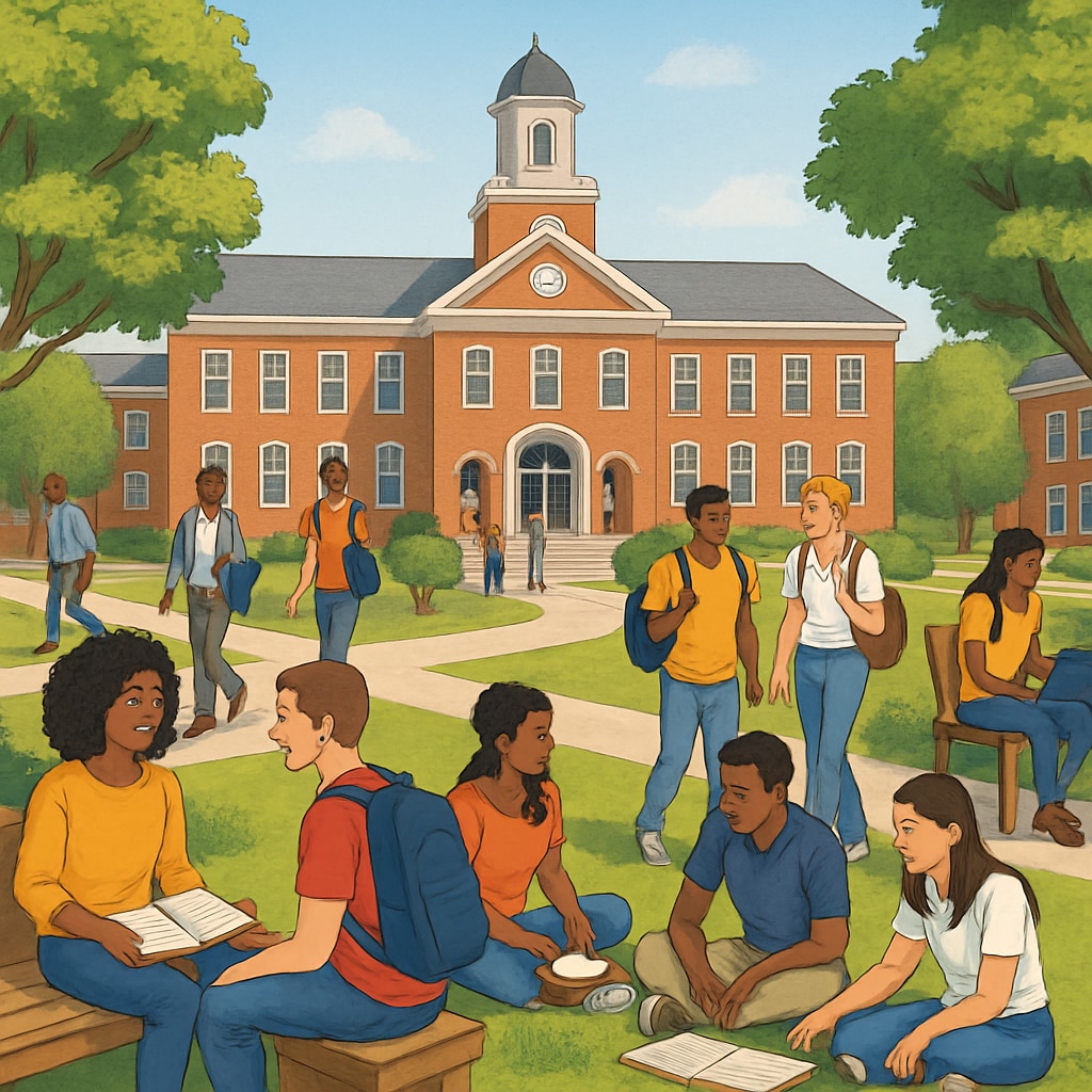 A bustling university campus in the US with students from diverse backgrounds engaging in activities. University campus in the US with diverse students, related to Master's degree applications.