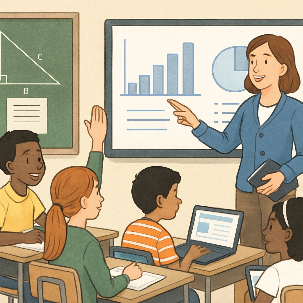 A classroom with diverse students and a teacher illustrating modern pedagogical methods. A diverse classroom setting showcasing American teaching methods.