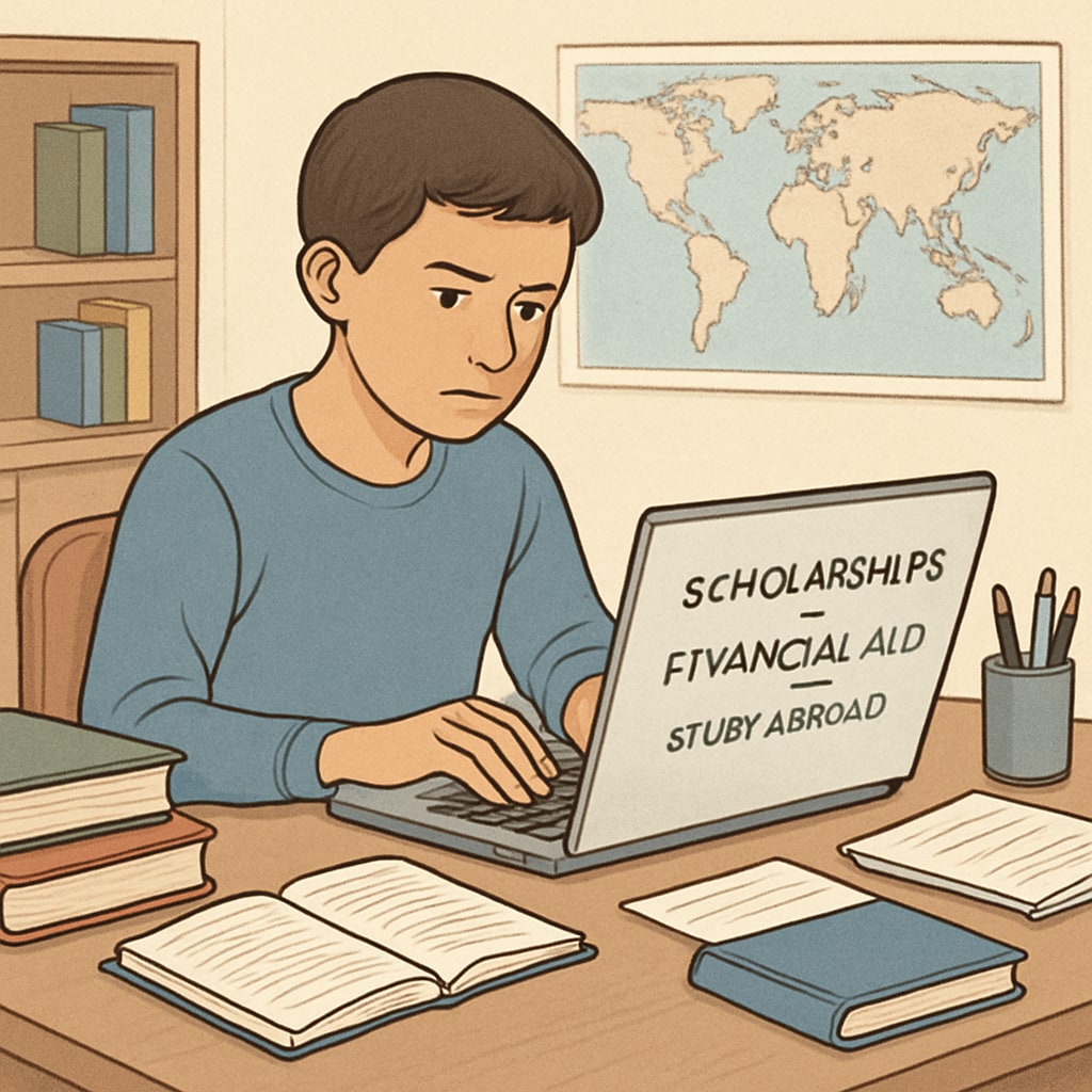 A student researching scholarships and financial aid options for studying abroad on a laptop. Student exploring financial aid options for Master's degree in the US.