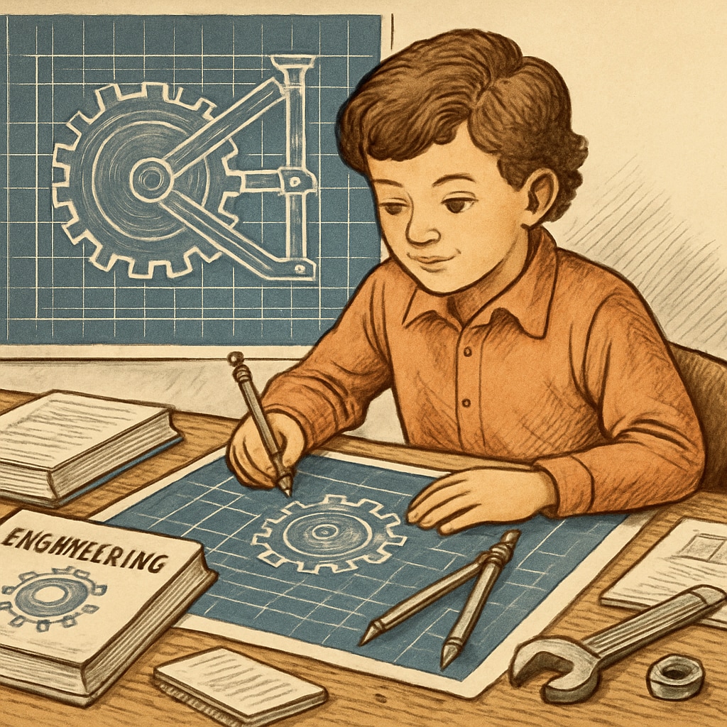 A young student studying engineering concepts with a blueprint and mechanical tools. The image emphasizes early exposure to engineering education in K12 settings. K12 student exploring engineering concepts with tools and a blueprint.