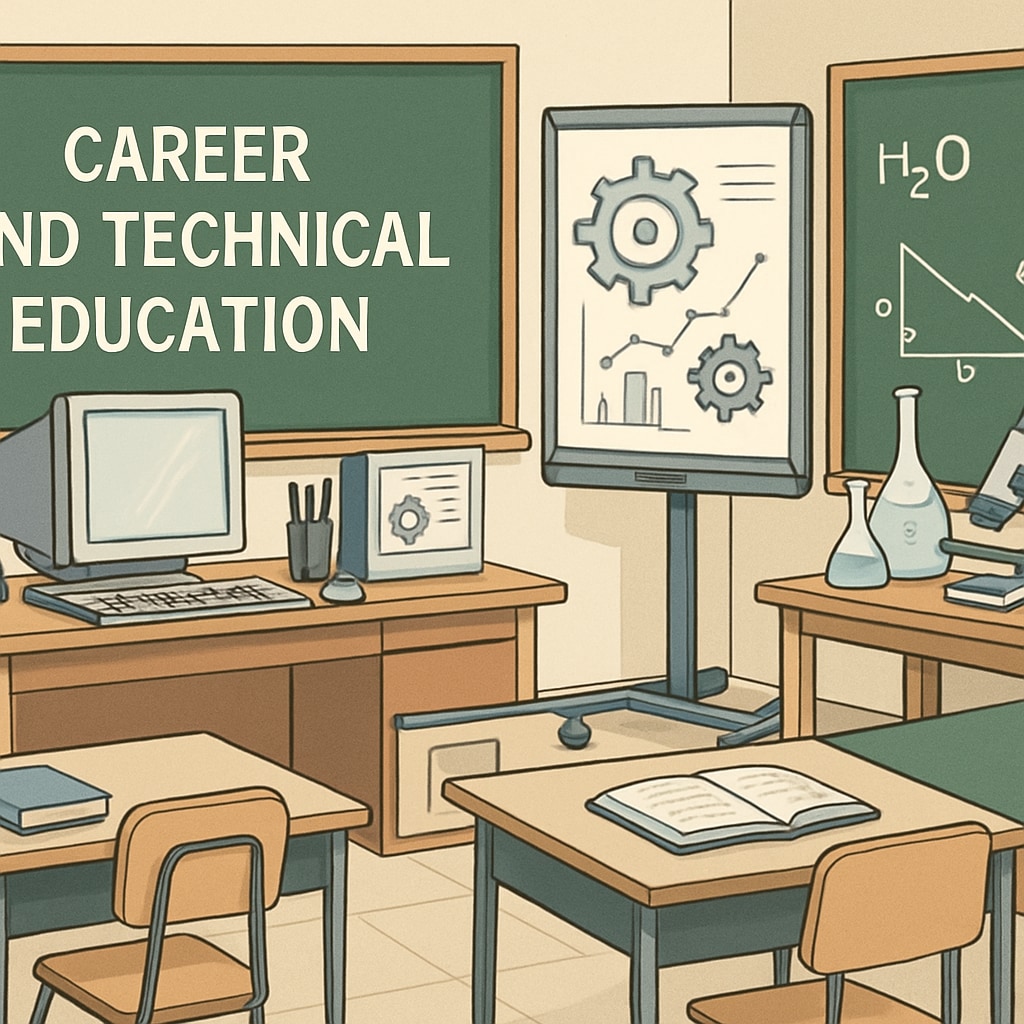 A classroom equipped with both technical tools and traditional educational materials, symbolizing the integration of Career and Technical Education with traditional subjects. A classroom combining Career and Technical Education equipment with traditional academic tools.