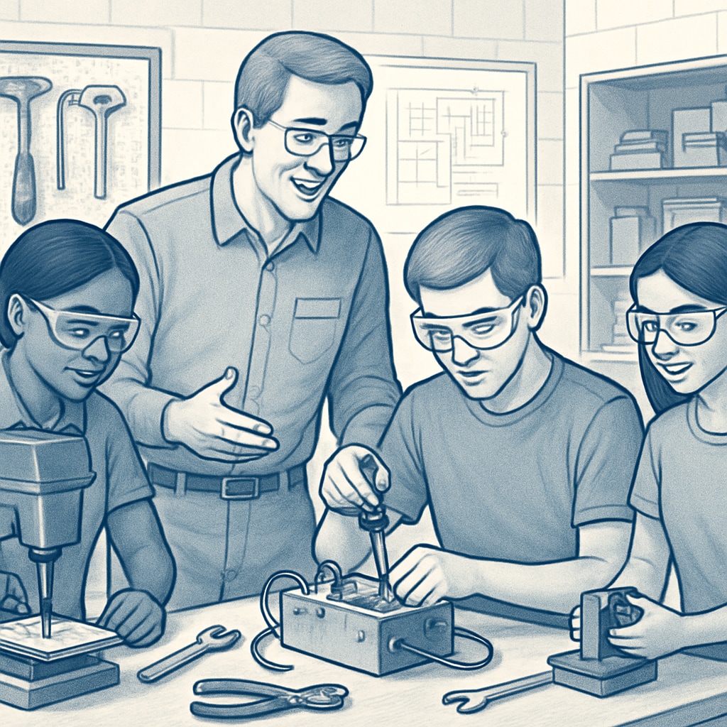 A teacher guiding students in a technical workshop, showcasing hands-on learning in a CTE classroom. Teacher and students in a CTE classroom demonstrating hands-on learning.
