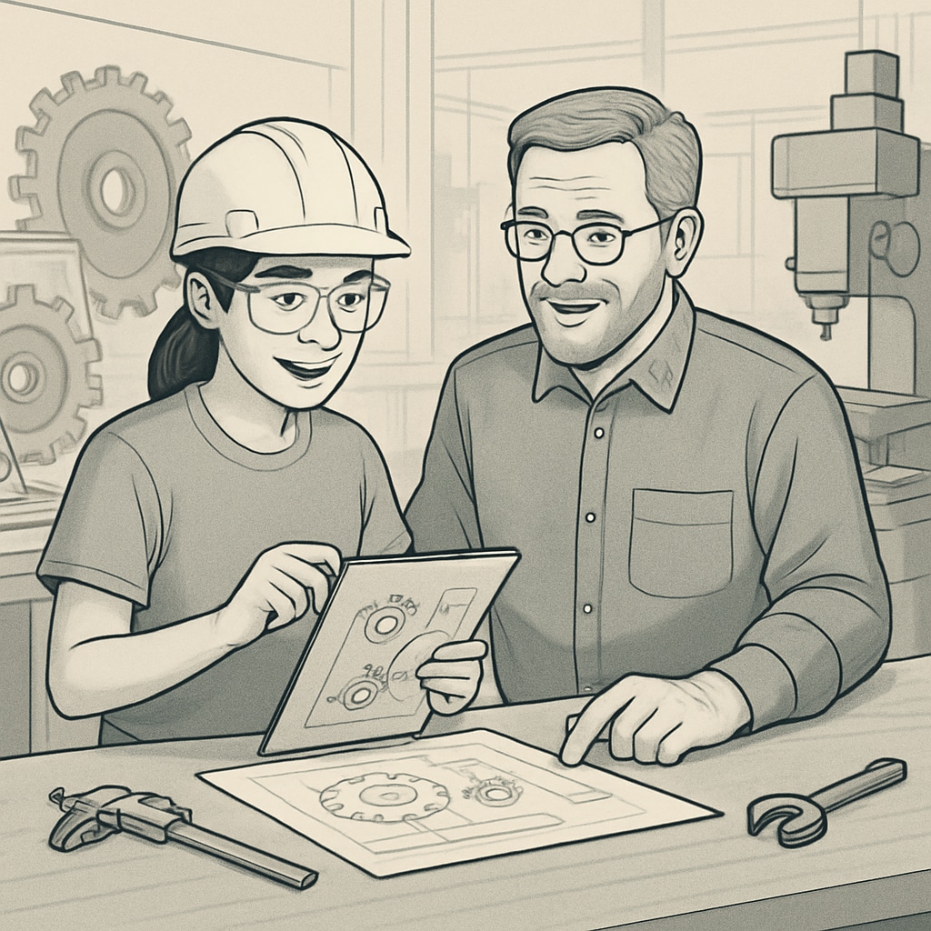 A student participating in an internship program at an engineering company, showcasing the partnership model of Career and Technical Education. A student interning at an engineering firm as part of a Career and Technical Education program.