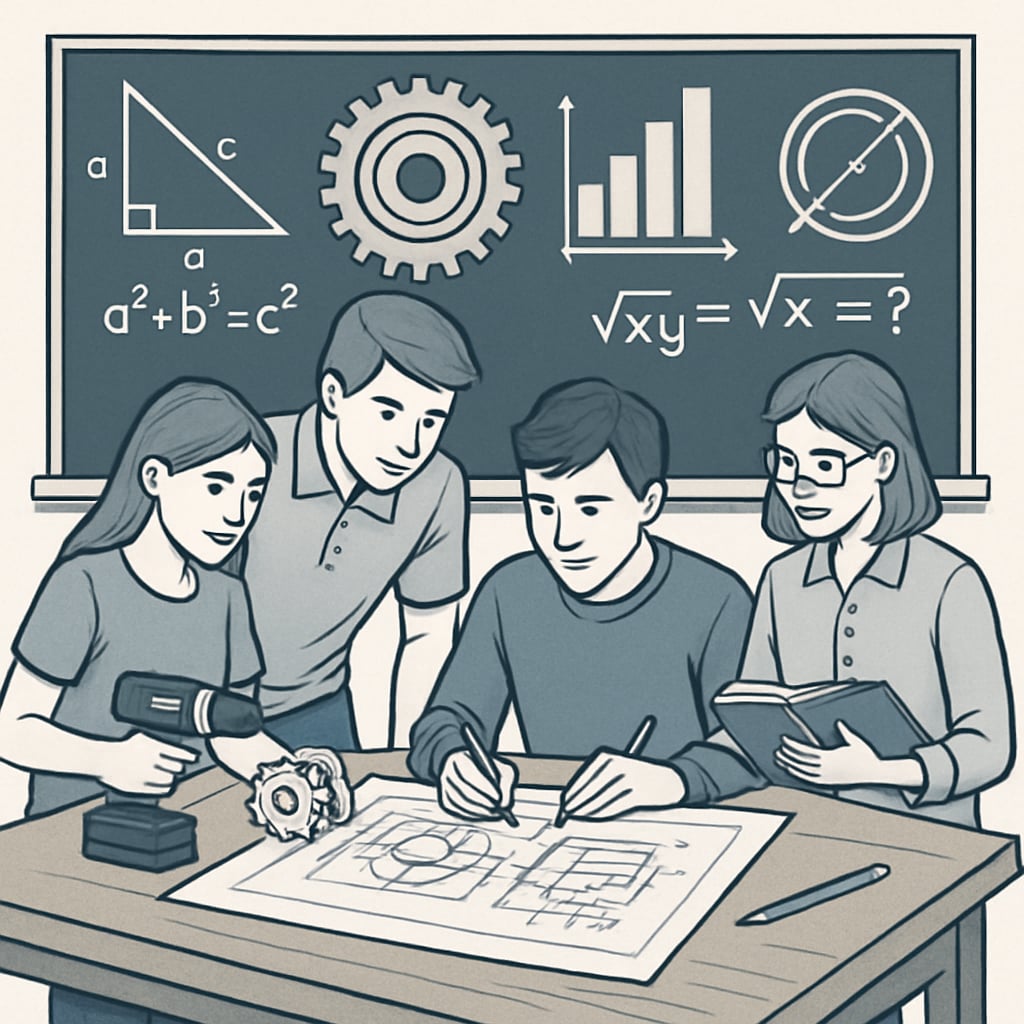 Students participating in a group project that combines engineering and mathematics, highlighting integration between CTE and traditional subjects. Students working on a group project that integrates engineering and mathematics.