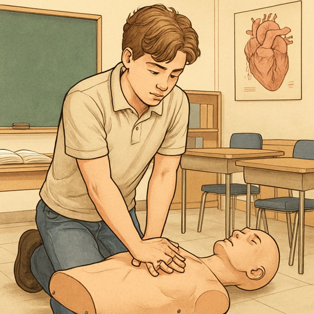 High school student practicing CPR during first-aid training for medical preparation.