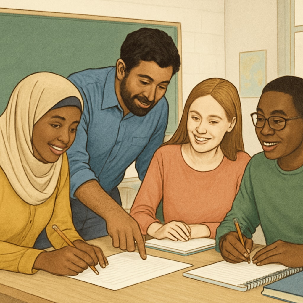 A diverse classroom of adult students engaging in a collaborative learning activity, symbolizing cultural adaptation and academic support. Diverse classroom highlighting adult education, cultural adaptation, and basic knowledge learning.