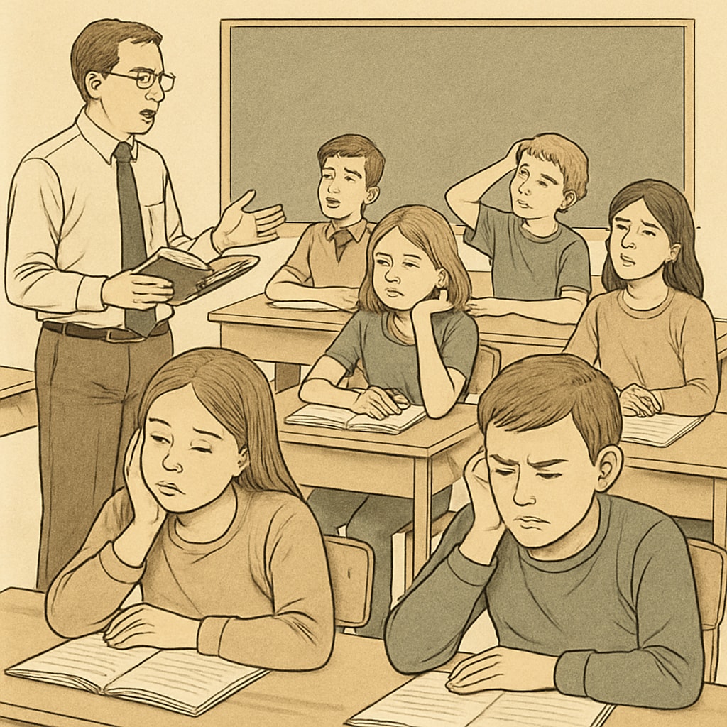 Students bored during a traditional lecture in a classroom, illustrating disengagement.
