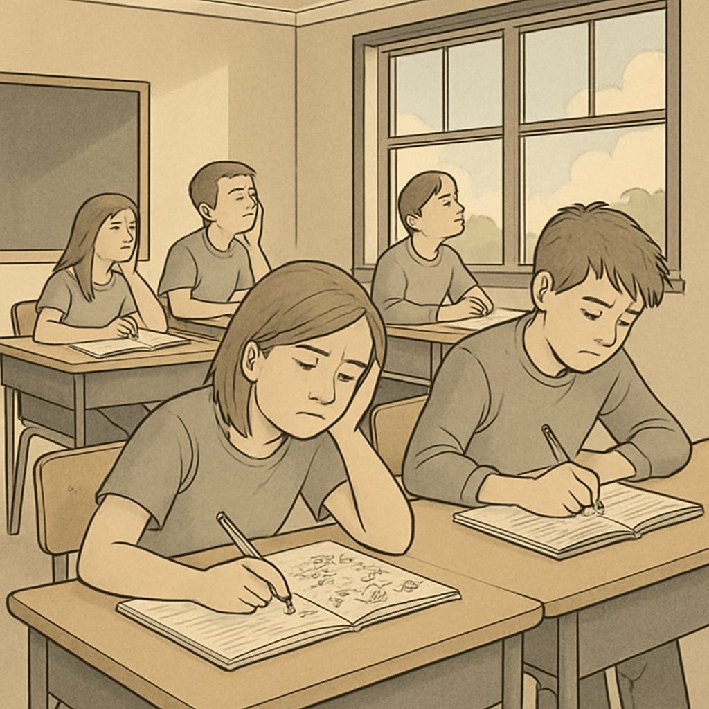 A group of bored students sitting in a classroom, some staring out the window while others doodle in their notebooks. This image represents the issue of student disengagement in traditional learning environments. Bored students in a K12 classroom, illustrating student disengagement.