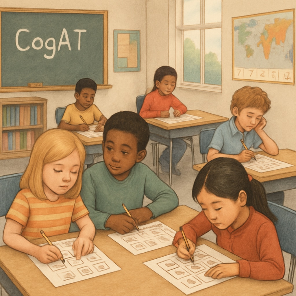Children solving cognitive puzzles during a CogAT test in a classroom setting.