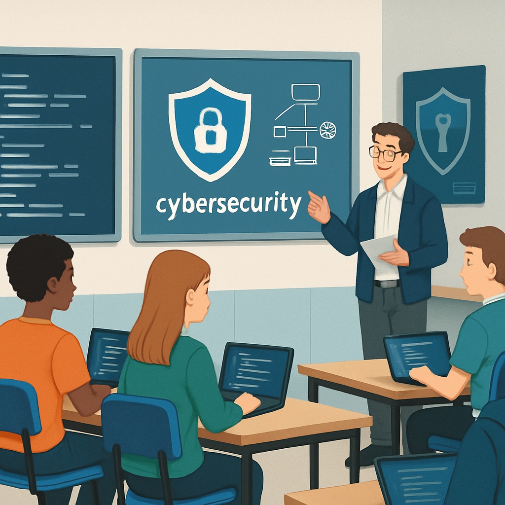 Cybersecurity education in a classroom setting showcasing network diagrams and coding.