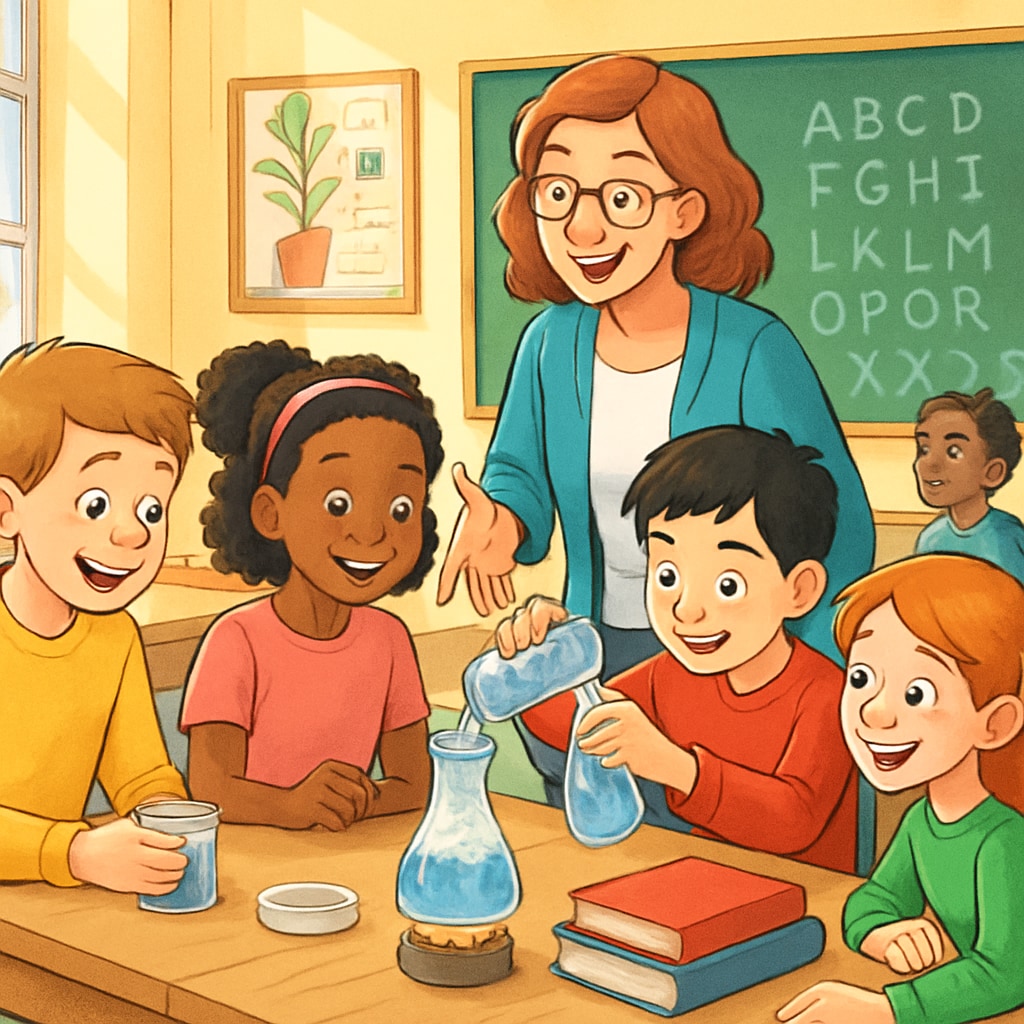 A vibrant classroom where students are actively participating in a hands-on science experiment, with a teacher guiding them. This image highlights an engaging and interactive teaching method as a solution to boredom. Students participating in a hands-on classroom activity, demonstrating interactive learning.