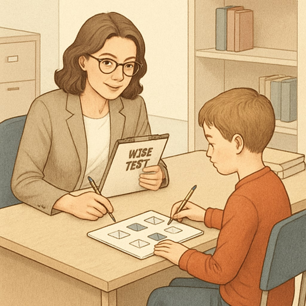 Psychologist conducting WISC testing with a child in a structured setting.