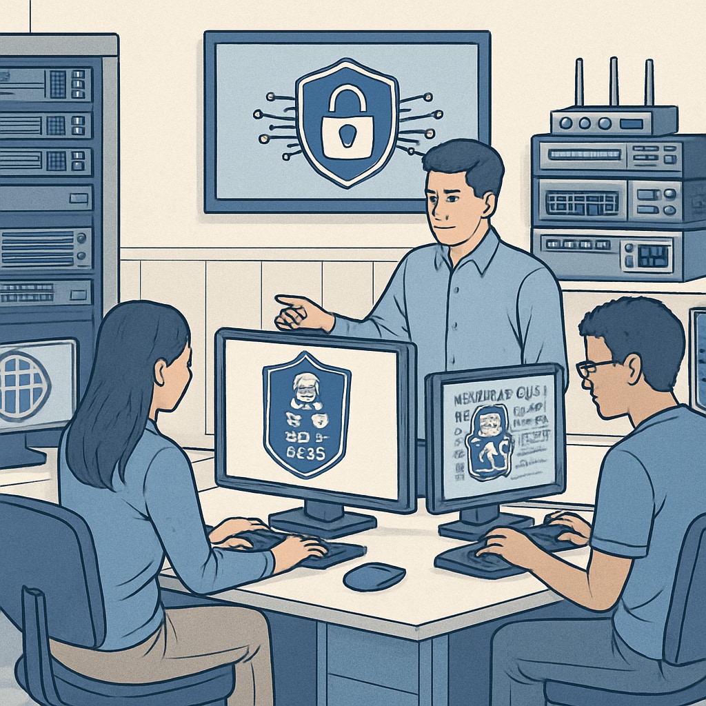 Cybersecurity students working in a lab environment with technical equipment.