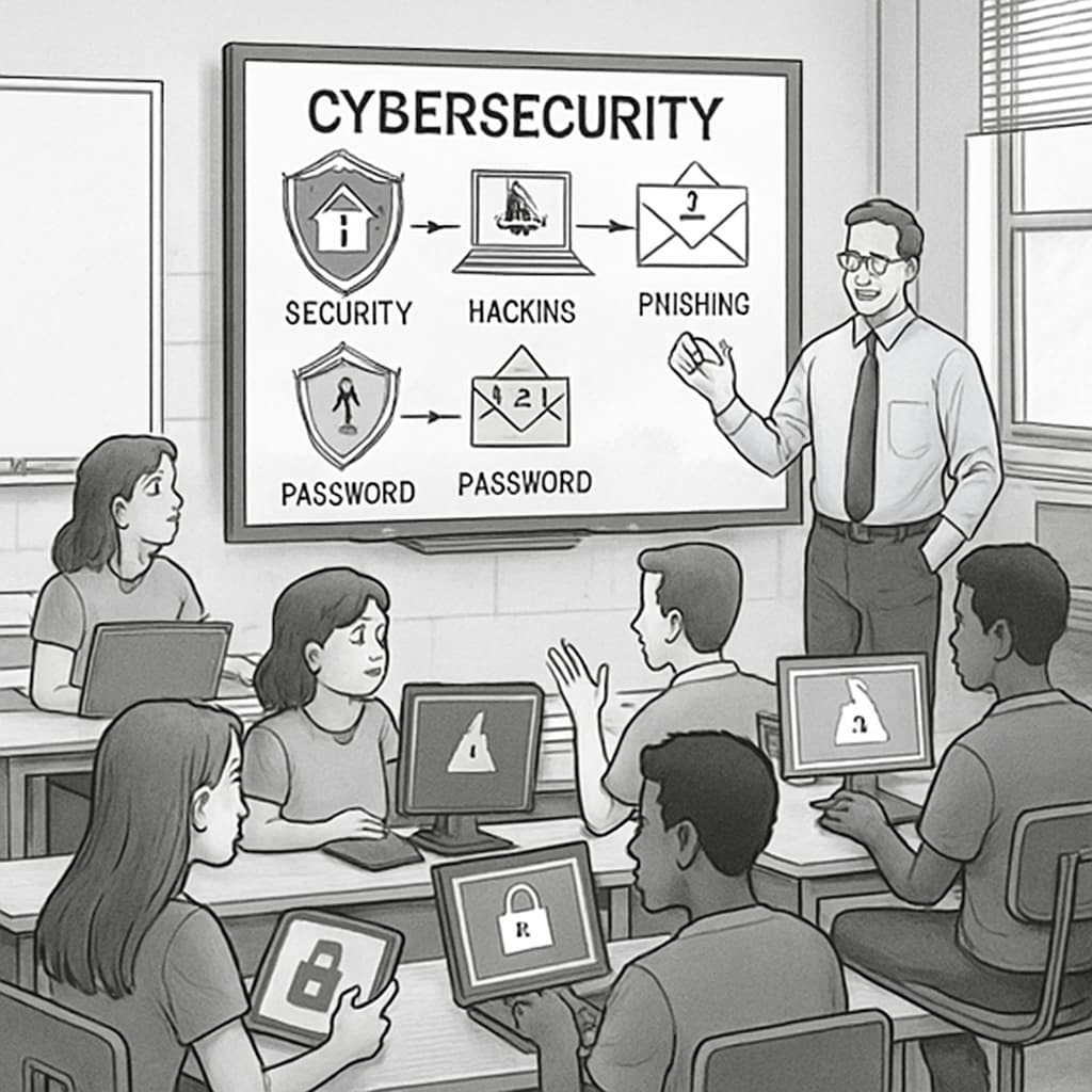 K12 students learning cybersecurity topics in a classroom setting.