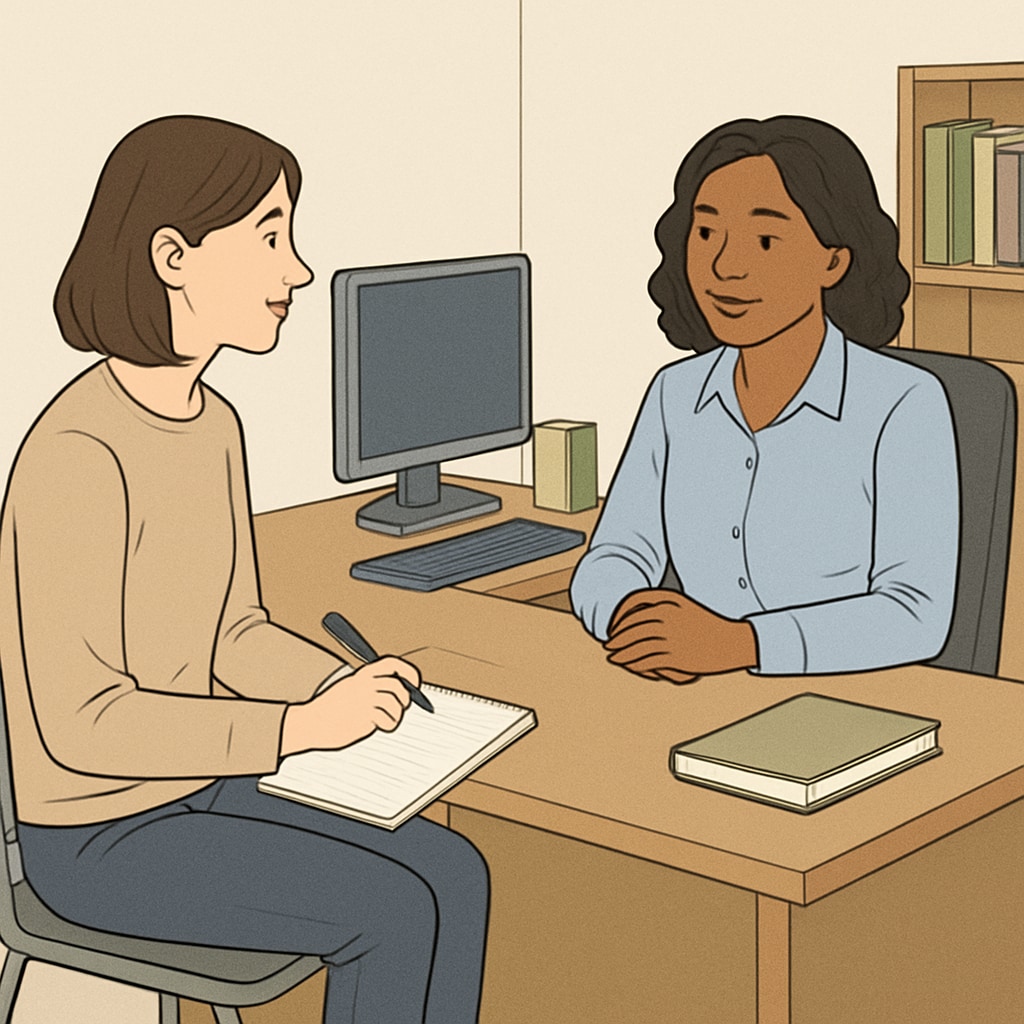 Graduate student interviewing a school counselor in a professional setting.