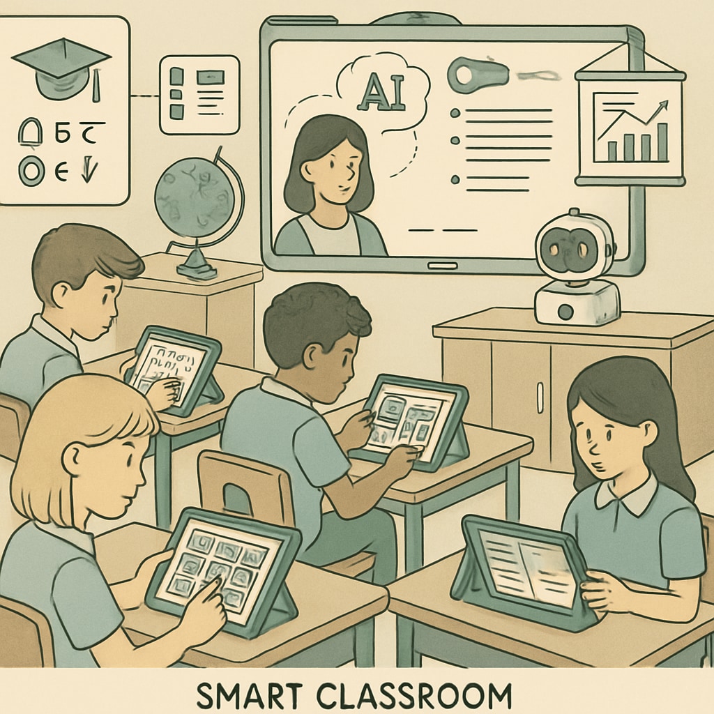 Students in an AI-powered smart classroom using tablets for learning