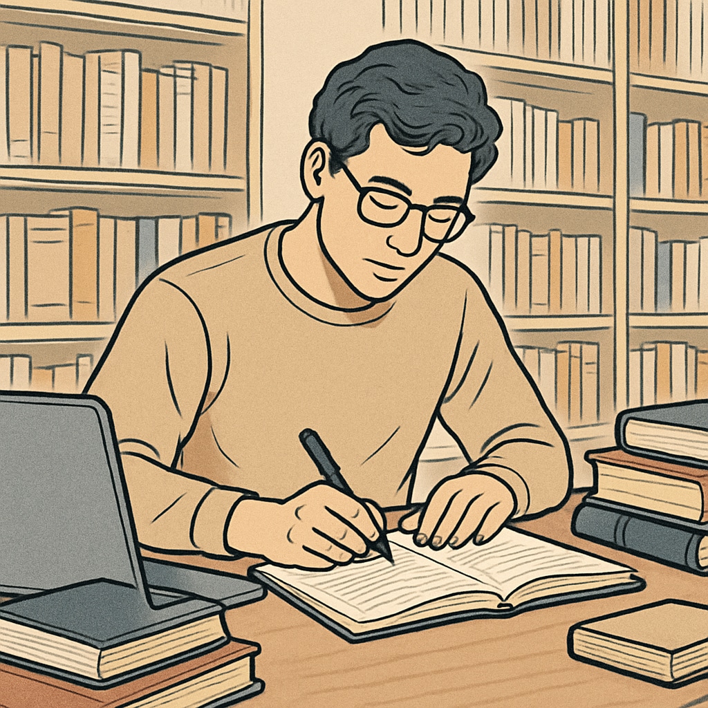 Graduate student preparing for an academic interview with notes and a laptop.