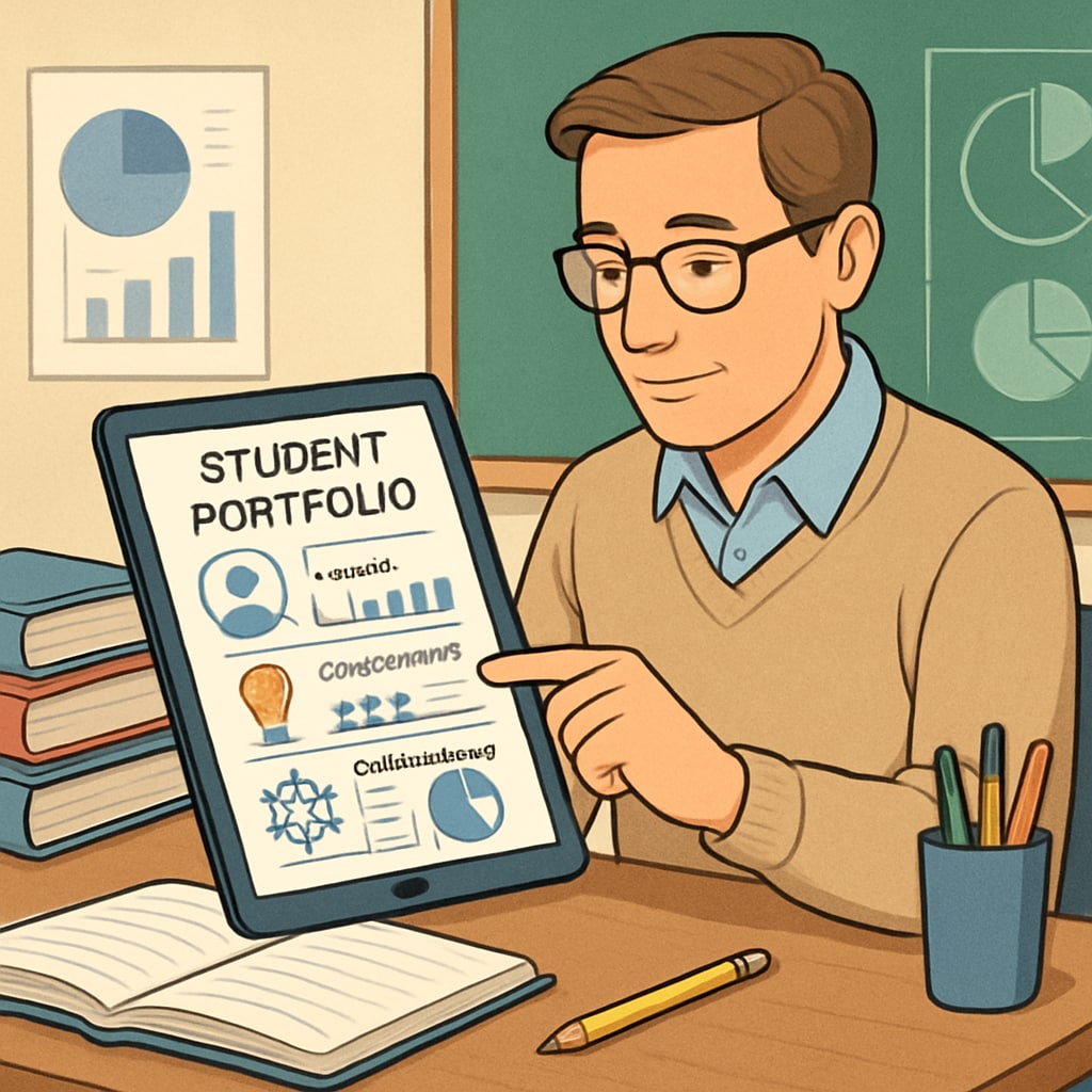 Teacher analyzing a digital portfolio to assess creativity and collaboration in learning.