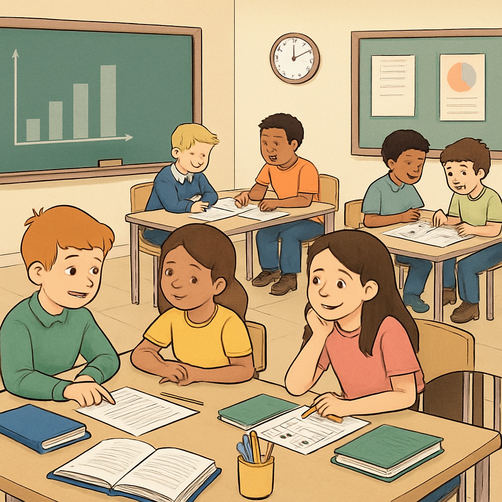 A classroom setting where students are engaged in collaborative group projects, symbolizing a shift toward alternative assessment methods. Students working on group projects to explore learning assessment alternatives.