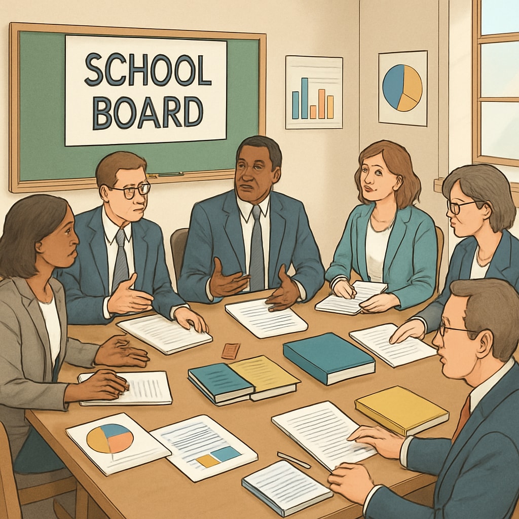 School board members discussing education policies and governance concerns.
