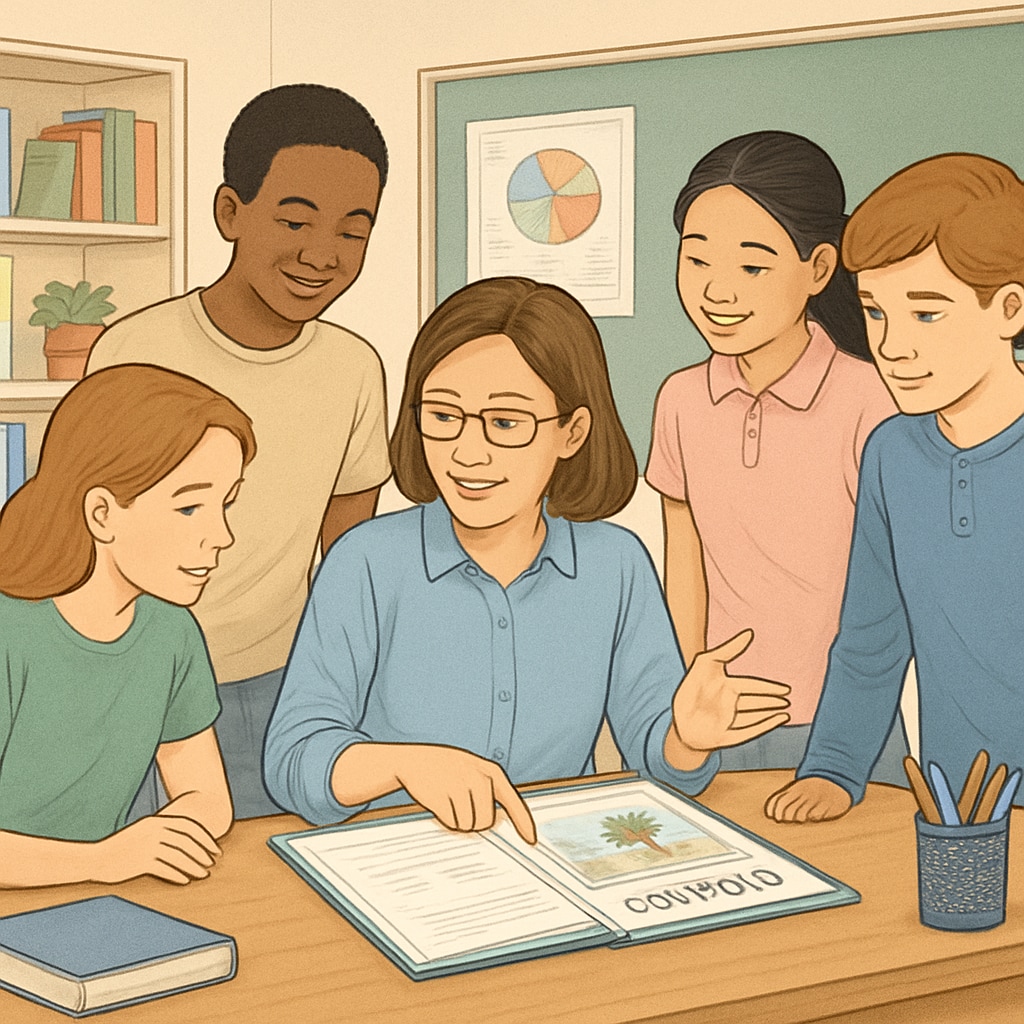 A teacher reviewing portfolio work with students, emphasizing a holistic approach to evaluating progress. Students and teacher discussing portfolio work as part of a holistic assessment system.