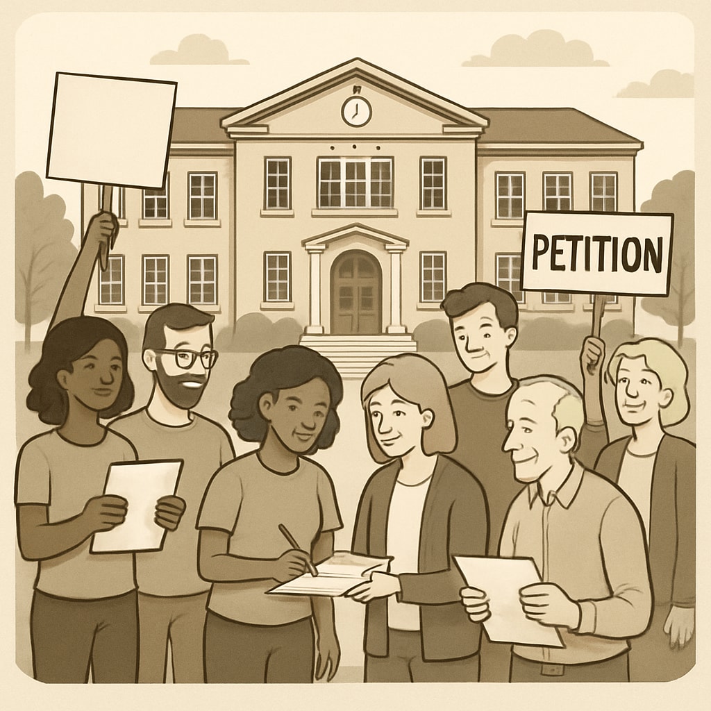 Community members organizing a petition for ethical school board leadership.