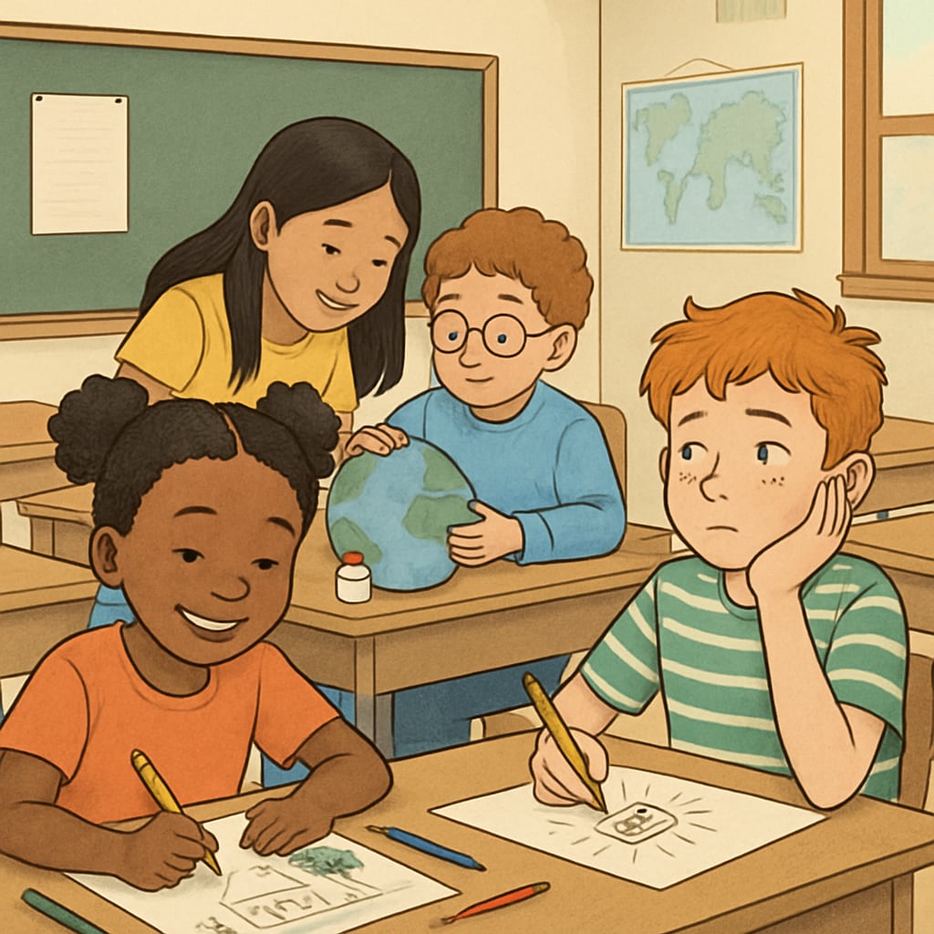 Collaborative classroom with ADHD-focused student engaging in creative learning