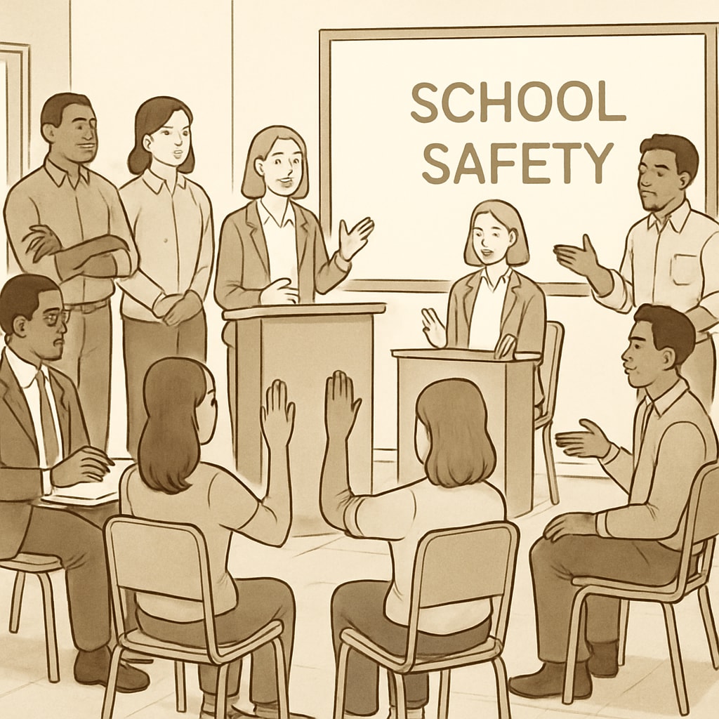 Community members discussing school safety and governance issues in a town hall meeting.