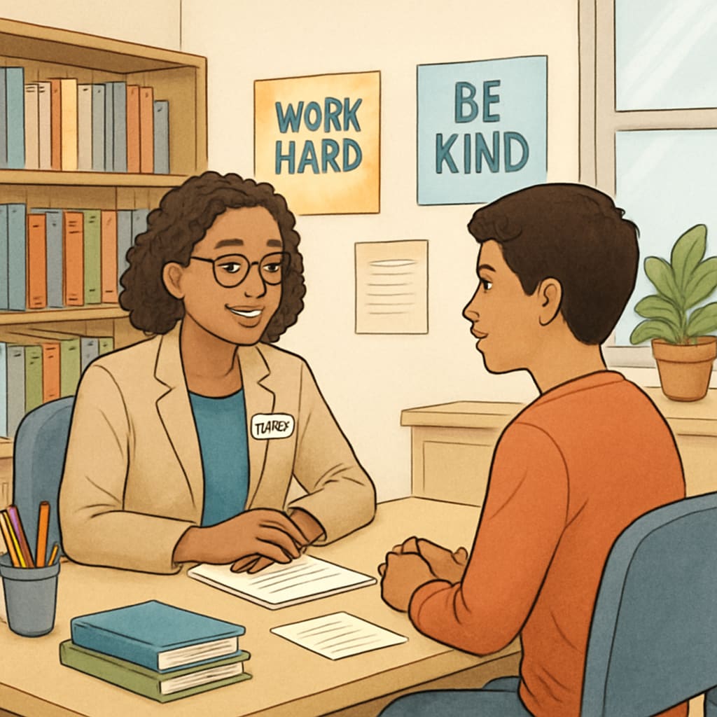 School counselor guiding a student in a K12 education setting.