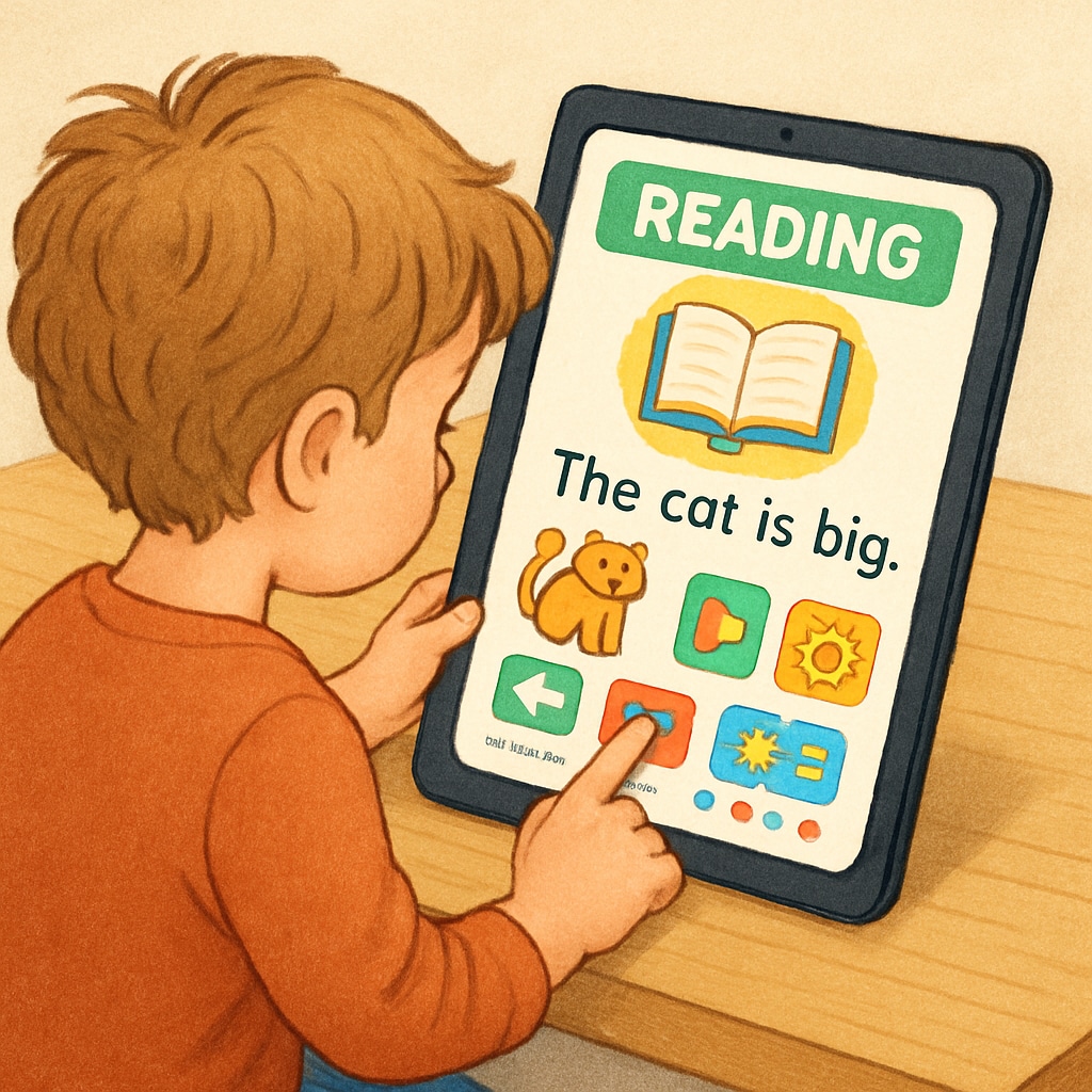 Child using a children's reading app interface on a tablet.