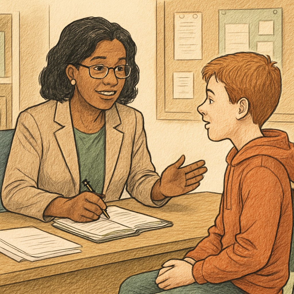 School counselor at their desk offering guidance to a student.