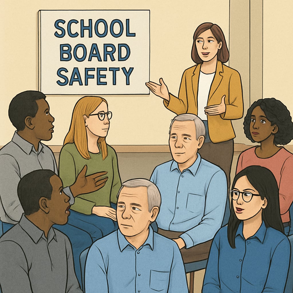 A community meeting discussing concerns about school board safety. The image shows engaged citizens in a public discussion setting. Community members discussing school board safety and child protection concerns.