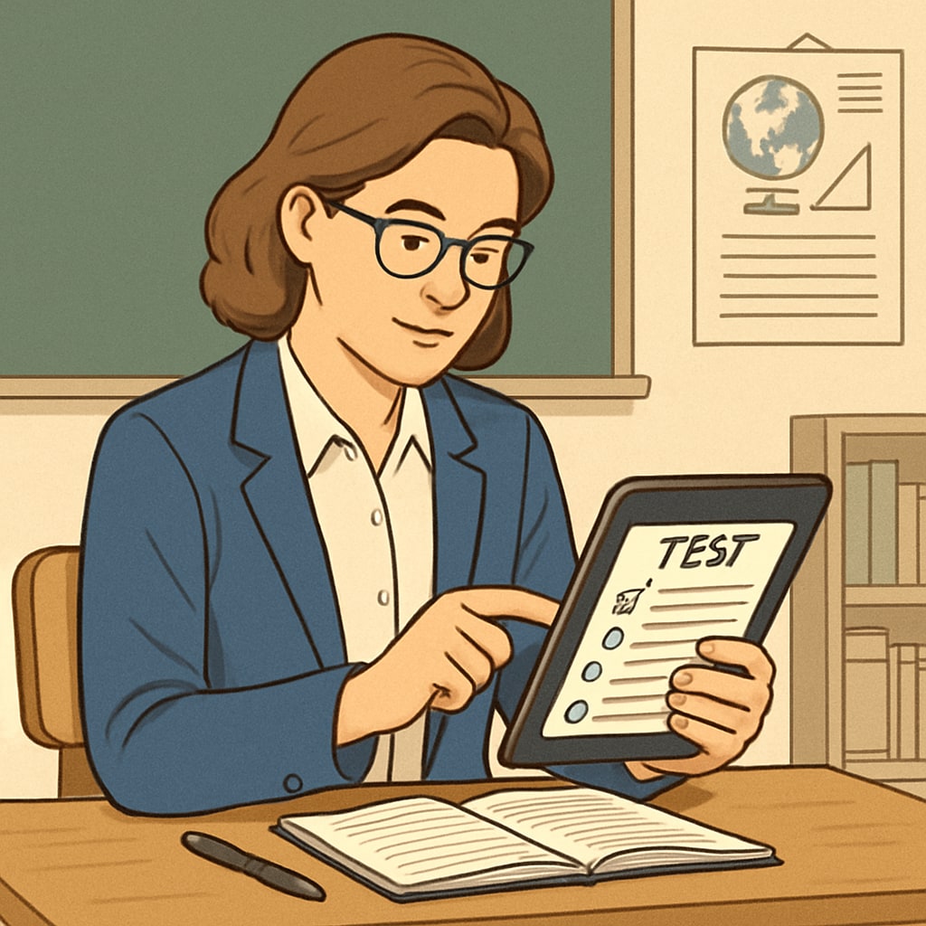 A teacher reviewing digital test resources on a tablet while sitting in a classroom. Teacher reviewing K12 test resources on a tablet.