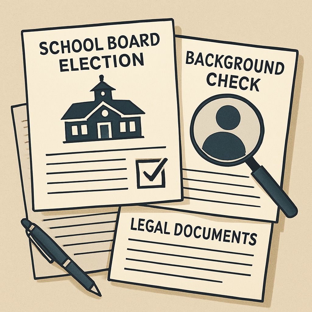 Legal documents and background checks related to school board elections. The image includes paperwork and a magnifying glass symbolizing scrutiny. Legal documents related to school board background checks and child safety.