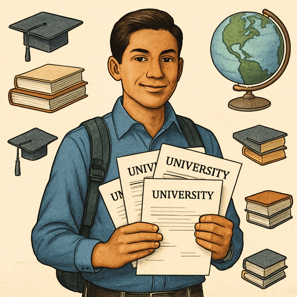 A student holding acceptance letters to U.S. universities, symbolizing successful application. A student celebrating successful U.S. master's application.