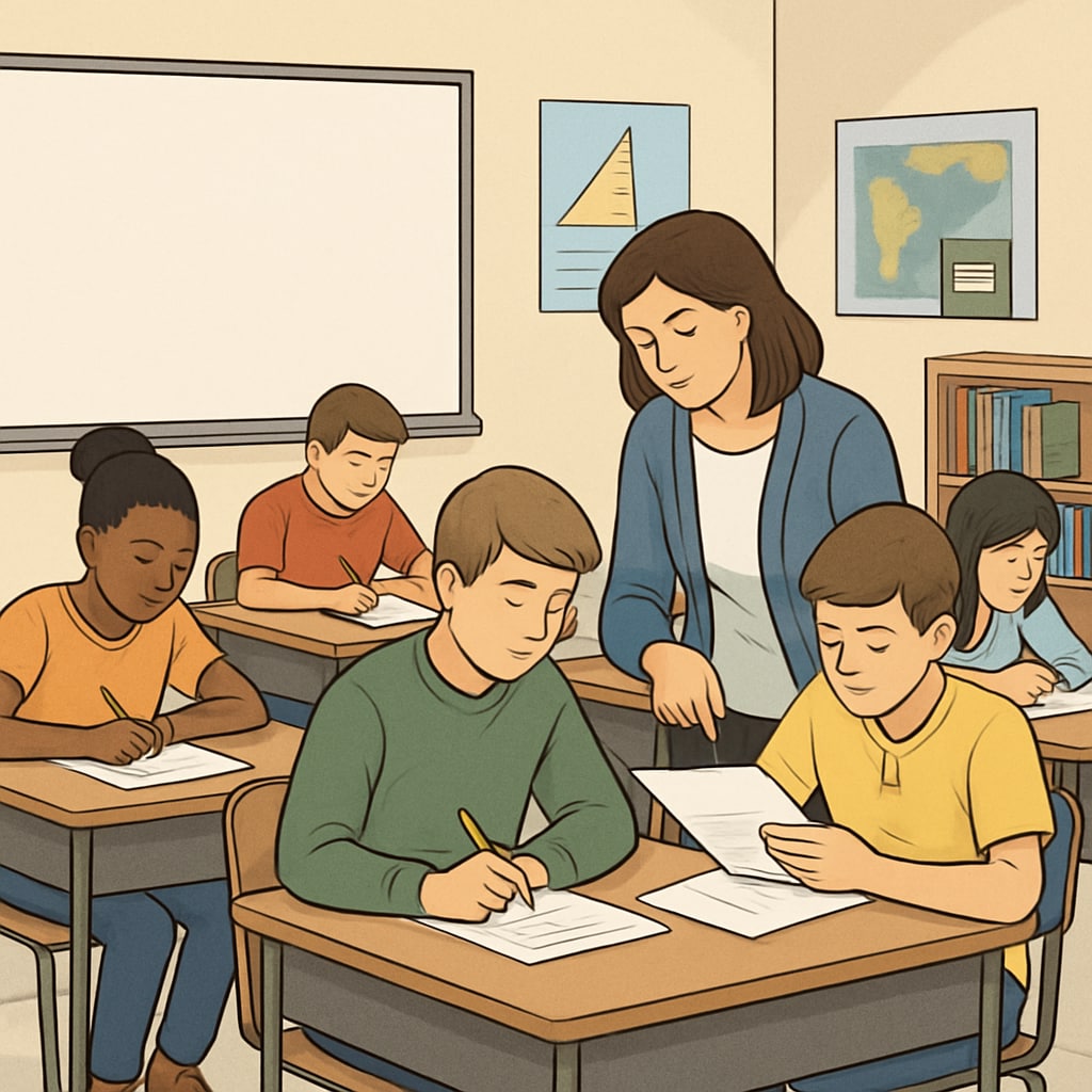 A group of K12 students taking a test in class, with a teacher assisting one student. K12 students taking a classroom test assisted by their teacher.