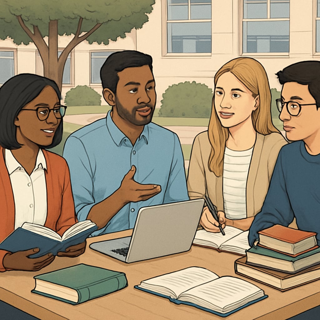 A diverse group of students at a university campus discussing their graduate programs. Students discussing U.S. master's programs at a campus.