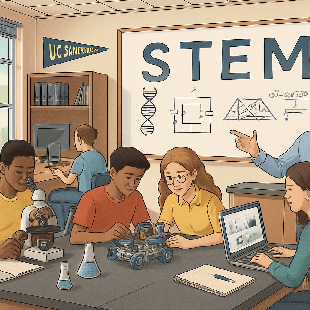 A high school classroom implementing STEM-focused curricula to prepare students for UC San Diego. High school classroom with students working on STEM projects to align with UC San Diego priorities.