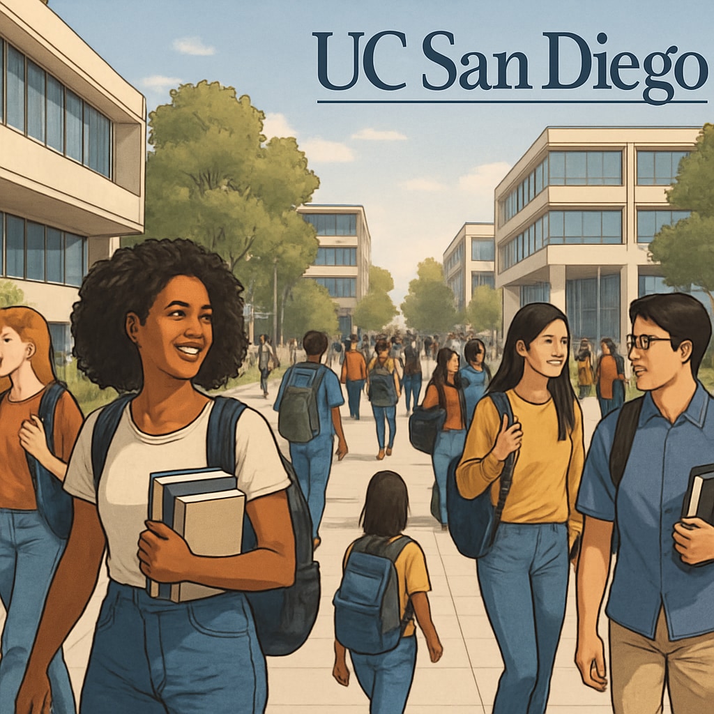 A bustling UC San Diego campus with students walking to class, symbolizing the increase in enrollment numbers. UC San Diego campus with students walking, representing enrollment growth.