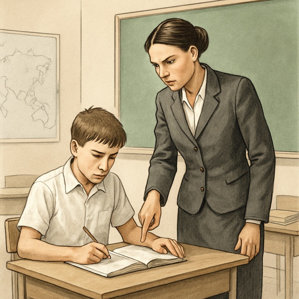 A classroom setting where a teacher is guiding a student in a strict yet supportive manner. Strict teaching methods in a classroom setting.