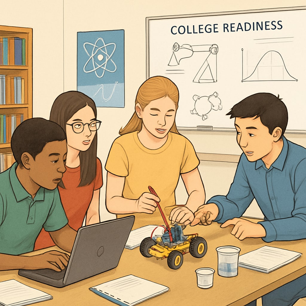 A high school classroom where students are engaged in a group STEM project, highlighting the focus on college readiness. High school students working on a STEM project, emphasizing college readiness.