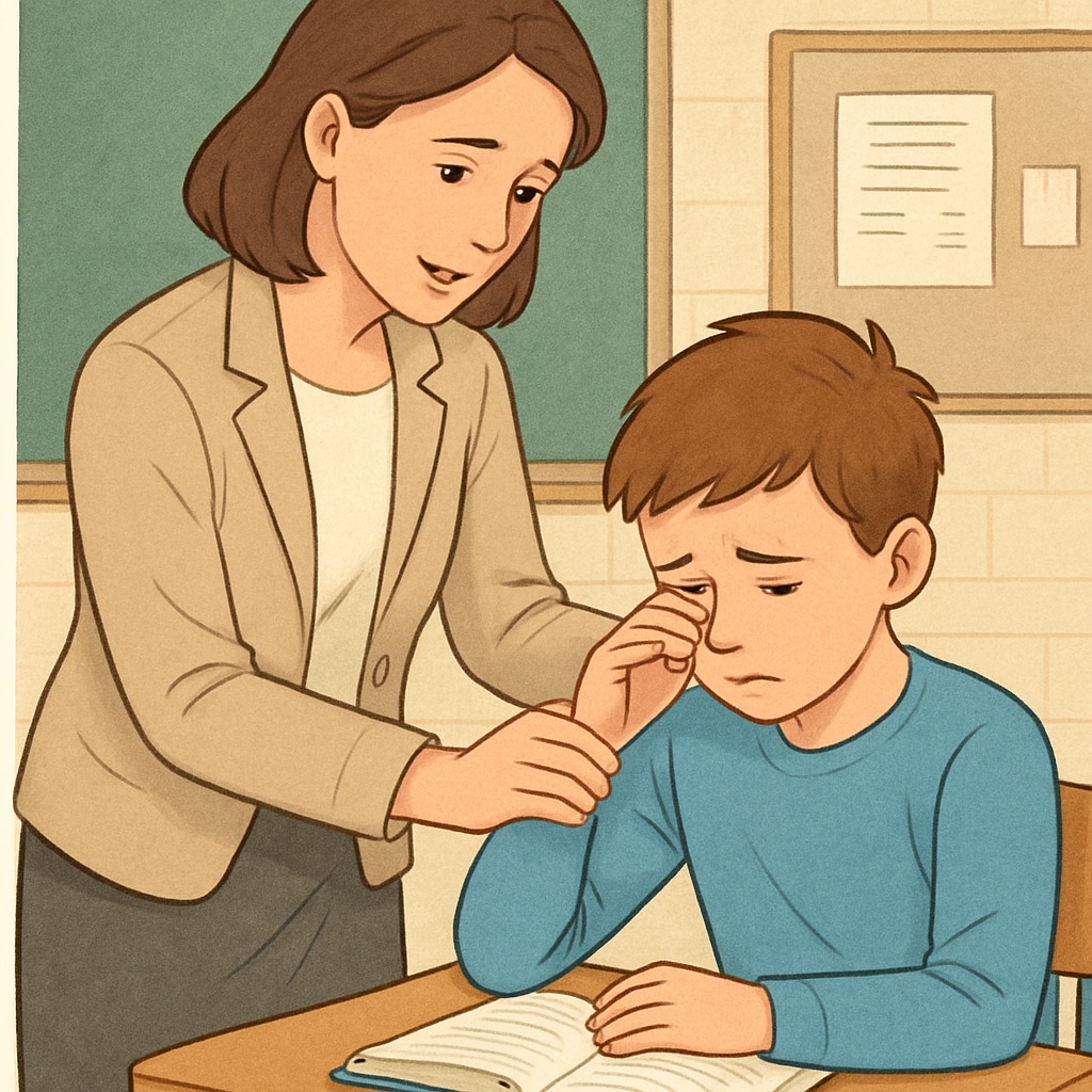 A teacher comforting a student in a classroom setting, focusing on emotional care. Emotional care in a classroom environment.