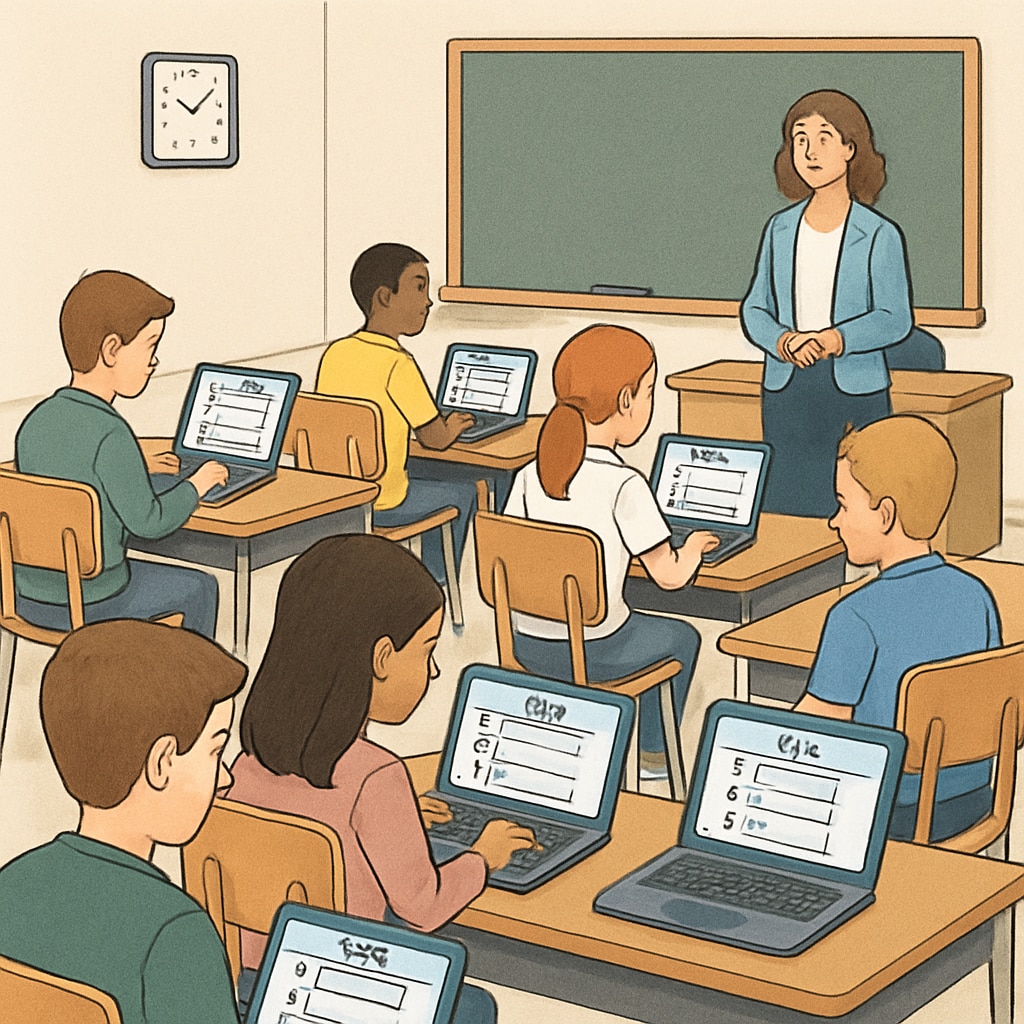 Students using laptops for K12 online test resources in a classroom.