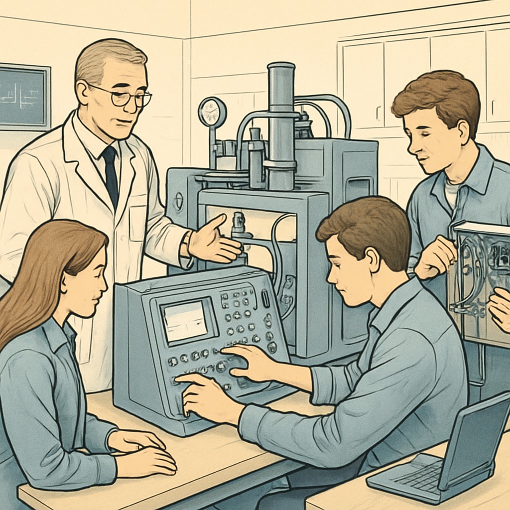 Teacher assisting students with technical equipment as part of CTE learning.