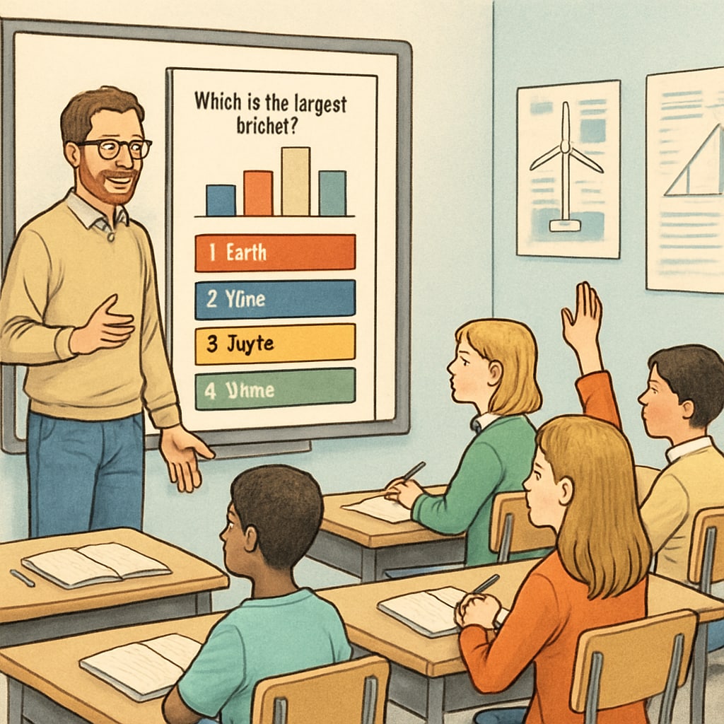 A teacher using an interactive quiz platform with K12 students in a classroom setting. Teacher and students engaged with an interactive quiz tool in a K12 classroom.