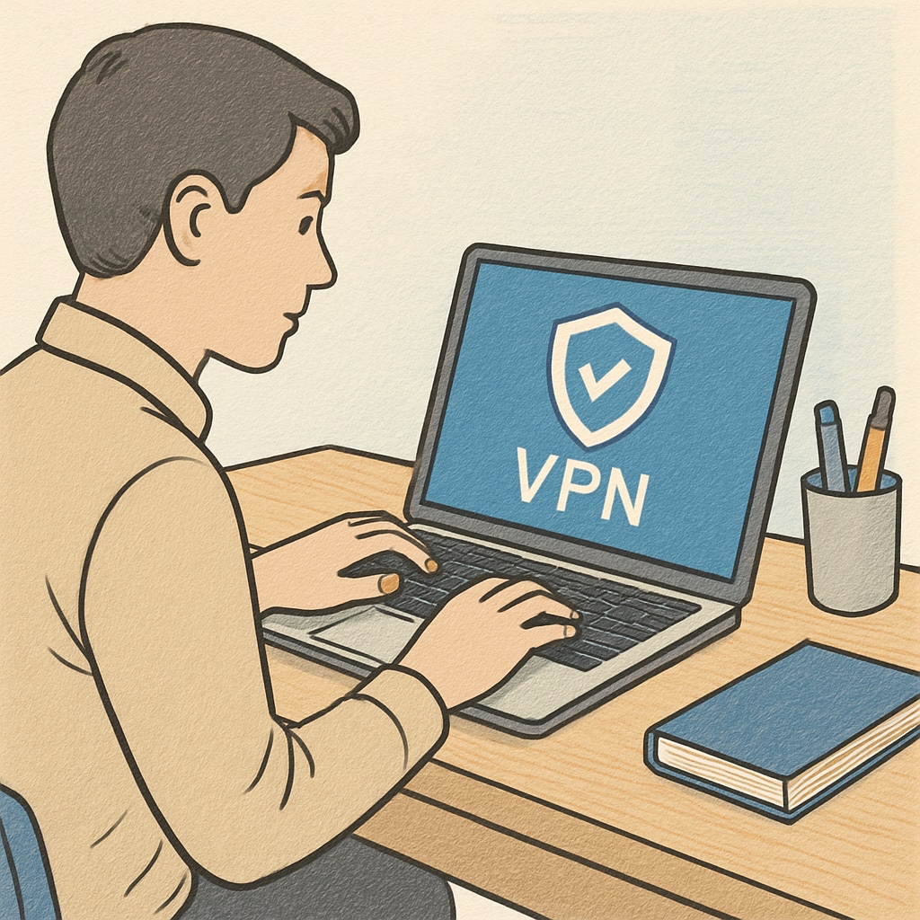 A person using a laptop with a VPN application open, symbolizing online privacy and security. A person using a laptop with a VPN application open, symbolizing online privacy and security.