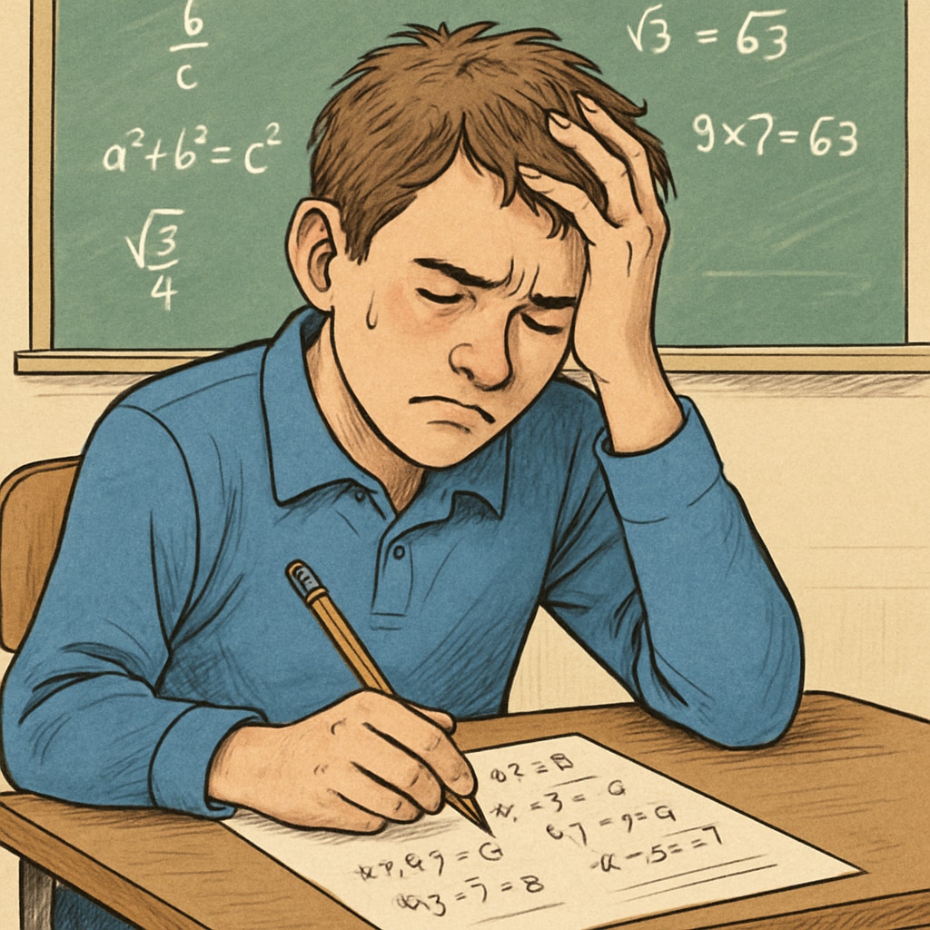 A student sitting at a desk, looking stressed and overwhelmed by math problems during a test. Stressed student during a math test, facing multiple-choice challenges and academic pressure.