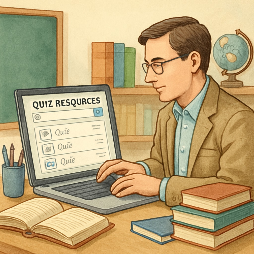 An educator reviewing an online library of quiz resources on a laptop. Teacher searching for high-quality quiz resources for K12 education.
